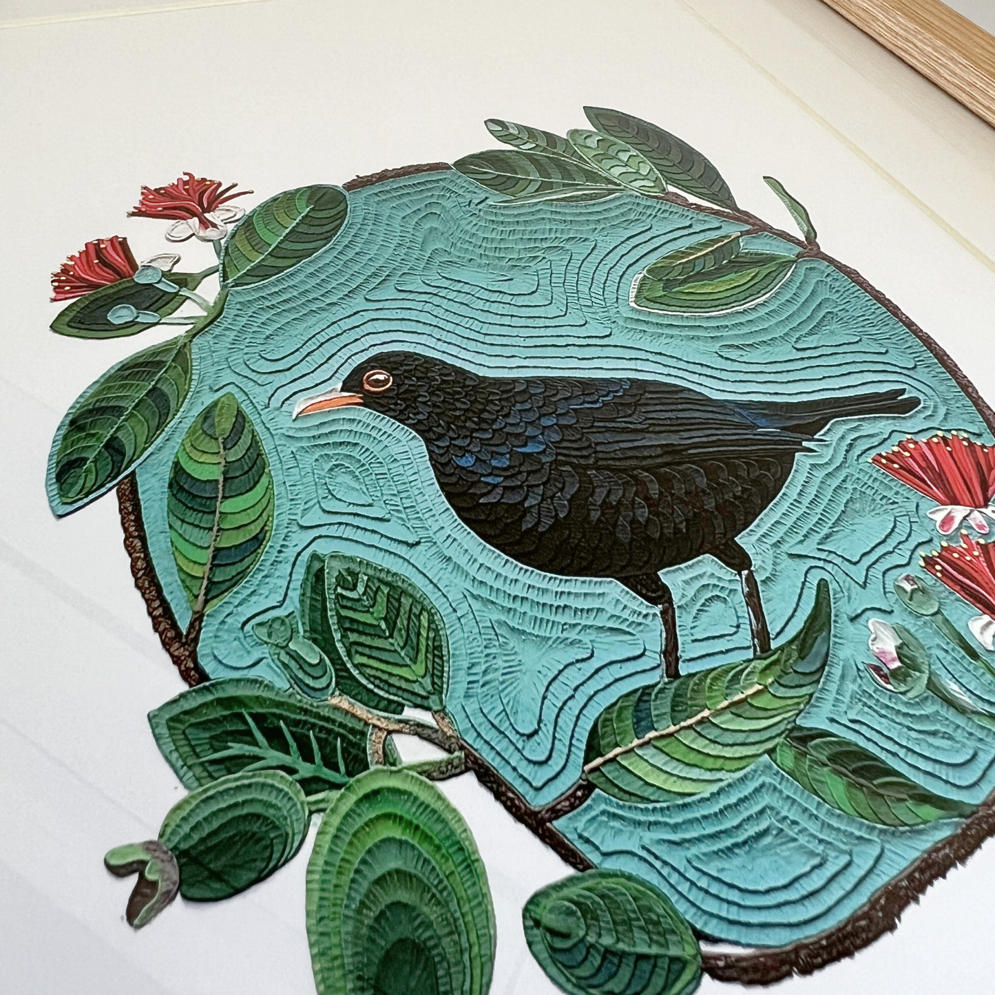 Black Bird on a Feijoa Tree Framed Clay Art Print