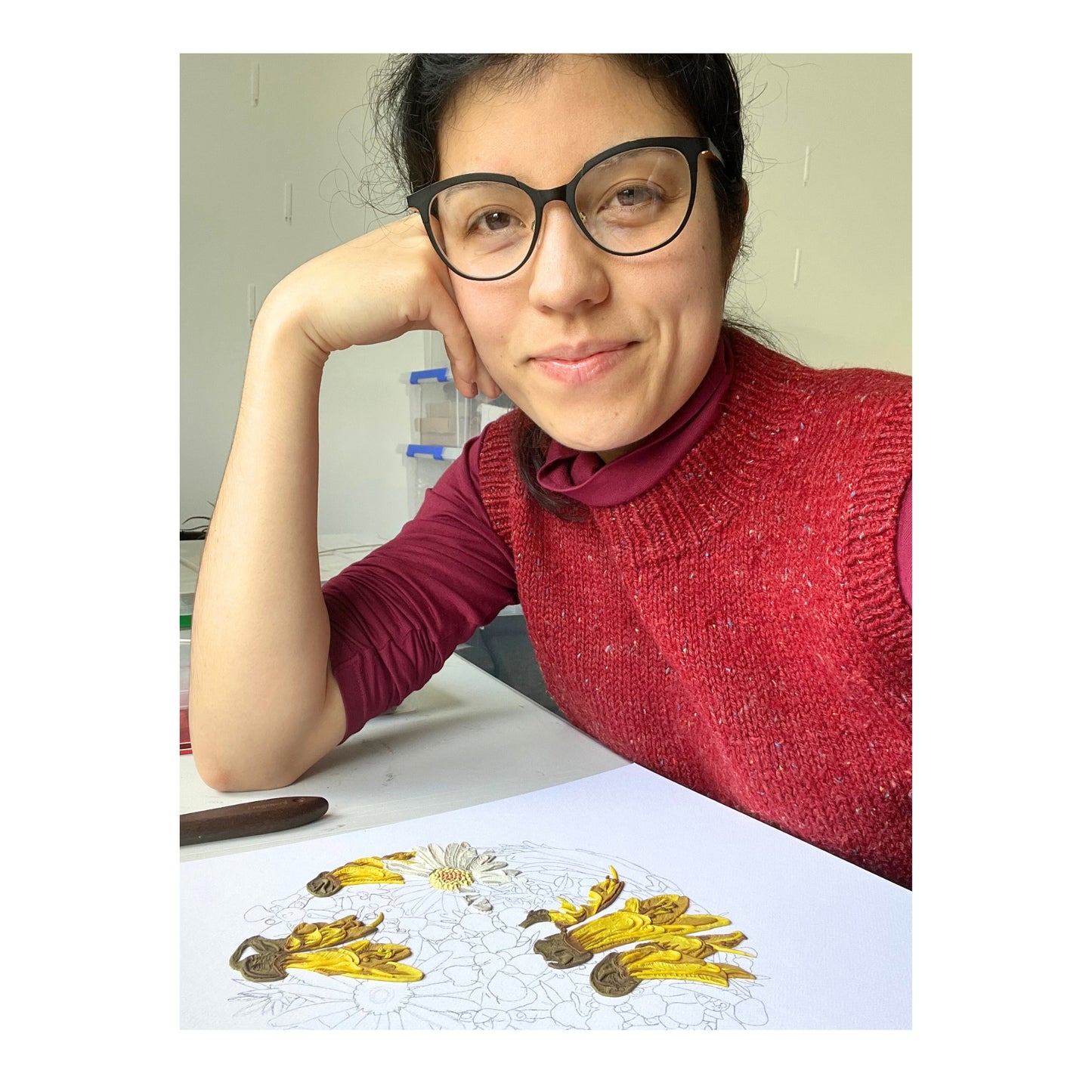 Emy's work in progress on 'My Floral Sunshine' clay art piece, at the initial stage, adding the Kowhai flowers.