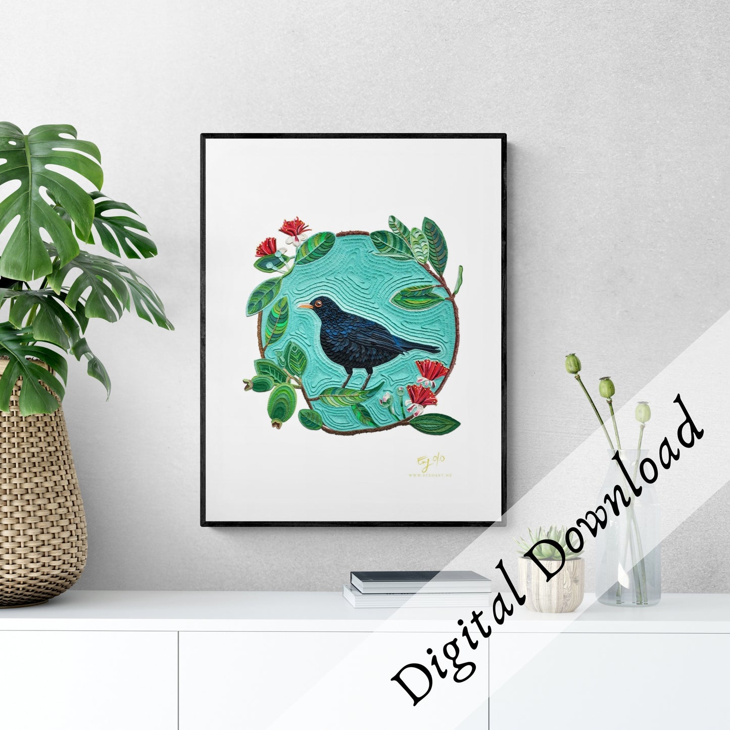Eurasian Black Bird on a Feijoa Tree – Downloadable Print