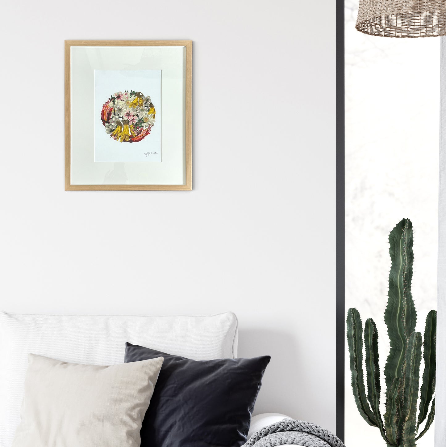 Vibrant 'My Floral Sunshine' clay art piece showcased in a white and black sitting room, adding a burst of colour and brightness to the space.