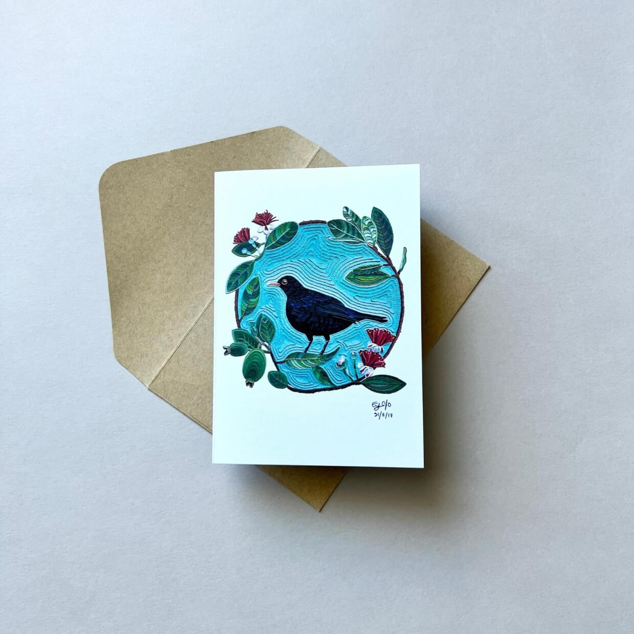 Eurasian Black Bird on a Feijoa Tree Reusable Greeting Card