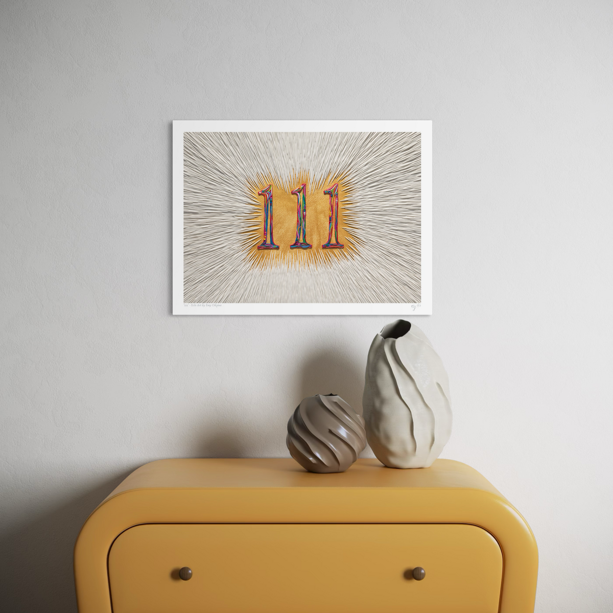 An A3 art print featuring the number 111 (angel number) in a colorful gradient made with plasticine over a golden background, displayed on a light gray wall above a mustard yellow cabinet with two decorative vases. Art by Emy Oikawa from Eclo Art.