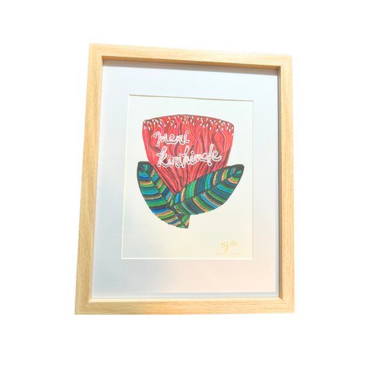 Meri Kirihimete on a Pohutukawa Flower Framed Art Print