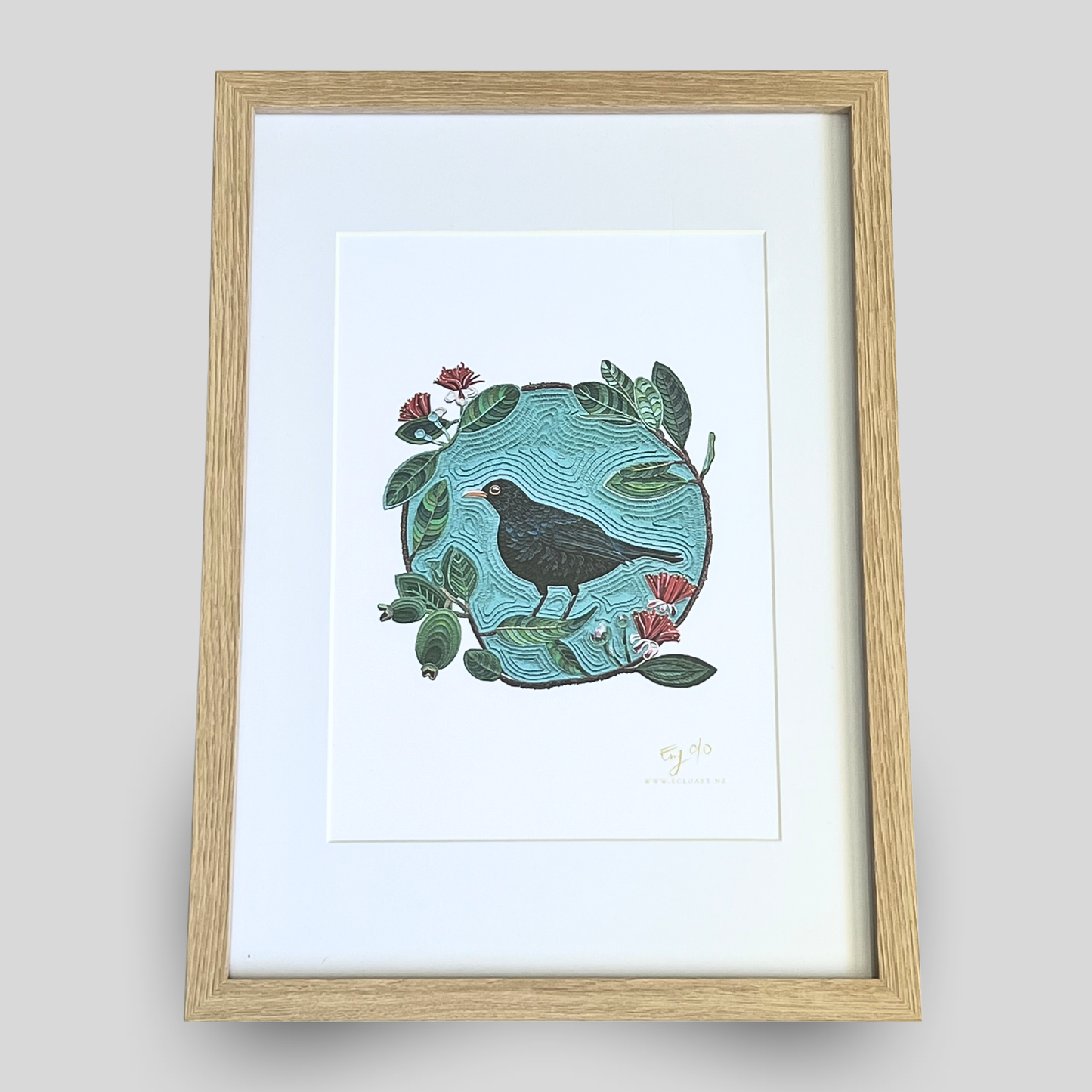 Black Bird on a Feijoa Tree Framed Clay Art Print