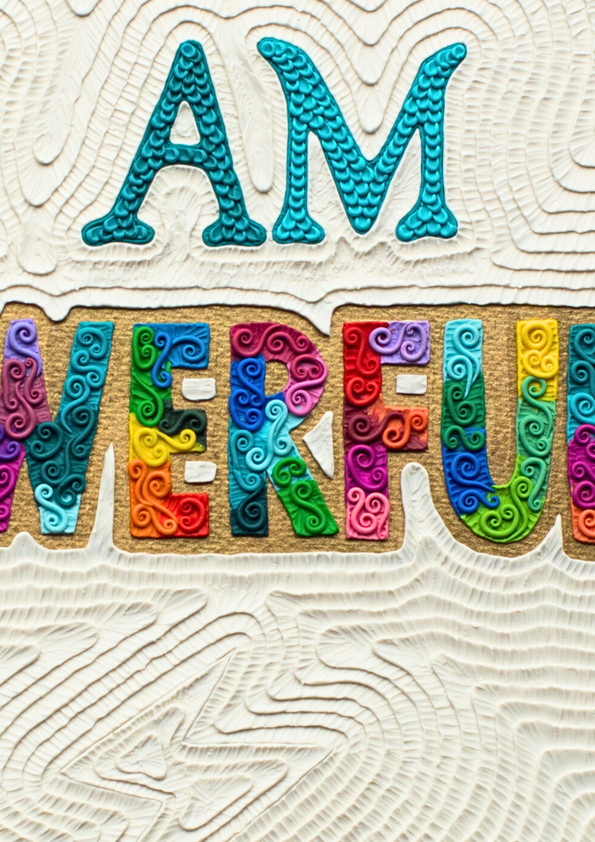 A close up of the I AM POWERFUL plasticine clay art showing the details made by hand. Art by New Zealand clay artist Emy Oikawa from Eclo Art.