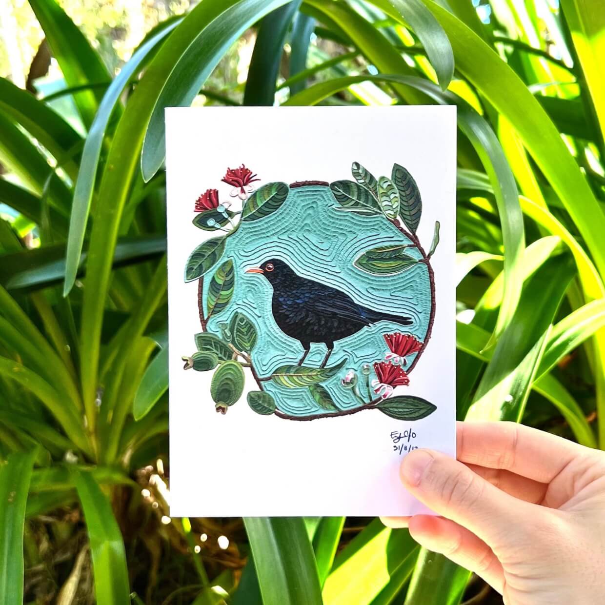 Eurasian Black Bird on a Feijoa Tree Reusable Greeting Card