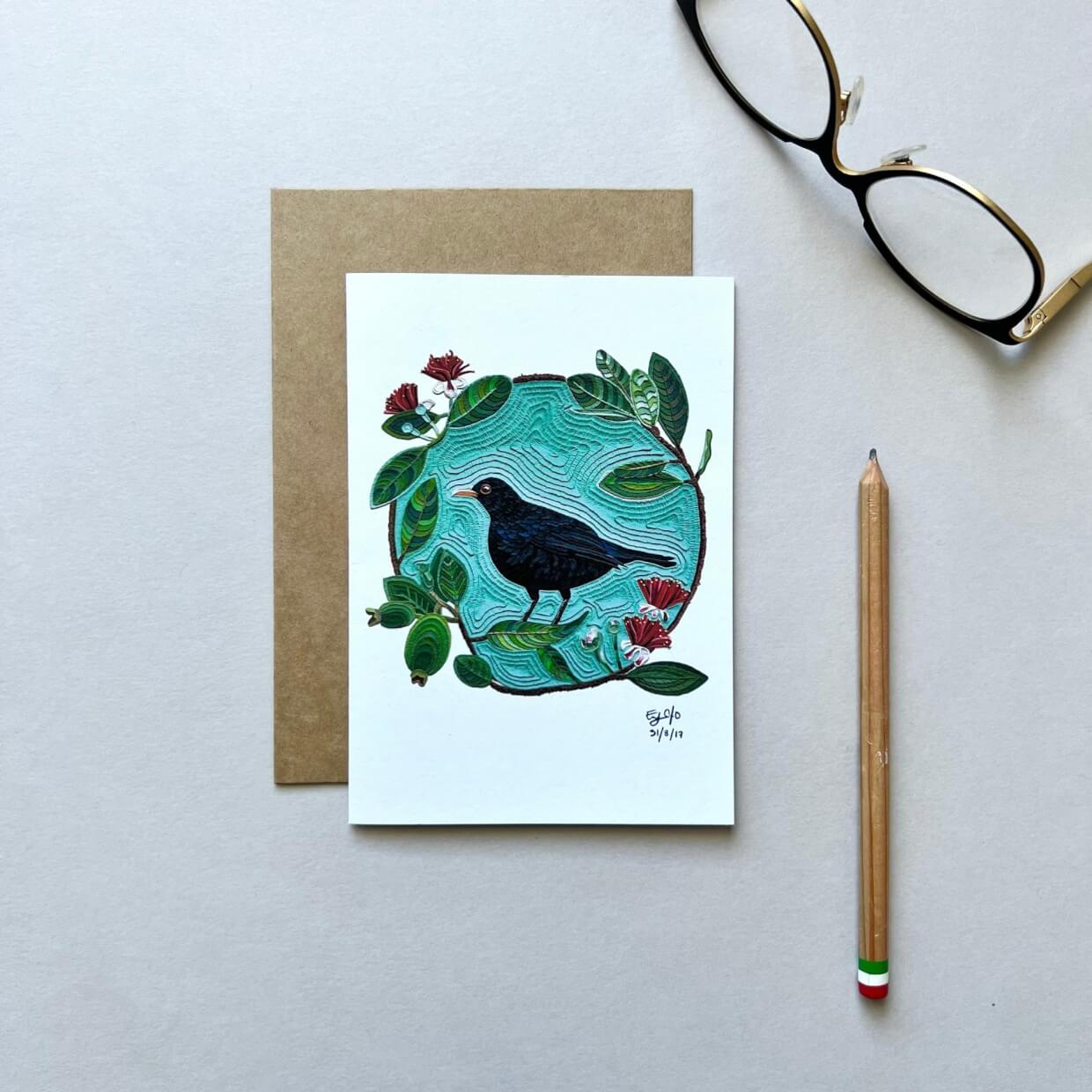 Eurasian Black Bird on a Feijoa Tree Reusable Greeting Card