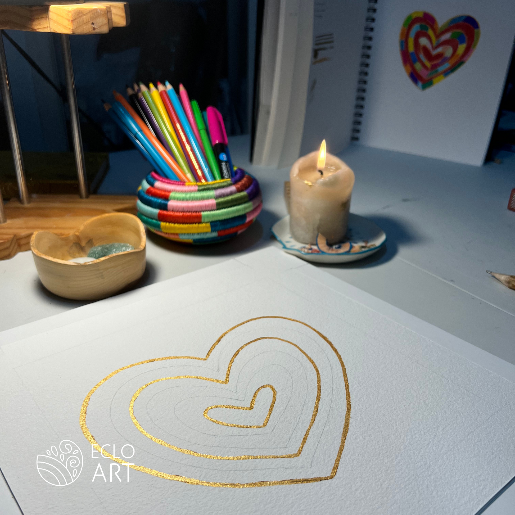  Golden acrylic paint in heart shape for the I LOVE ME art piece by clay artist Emy Oikawa from Eclo Art