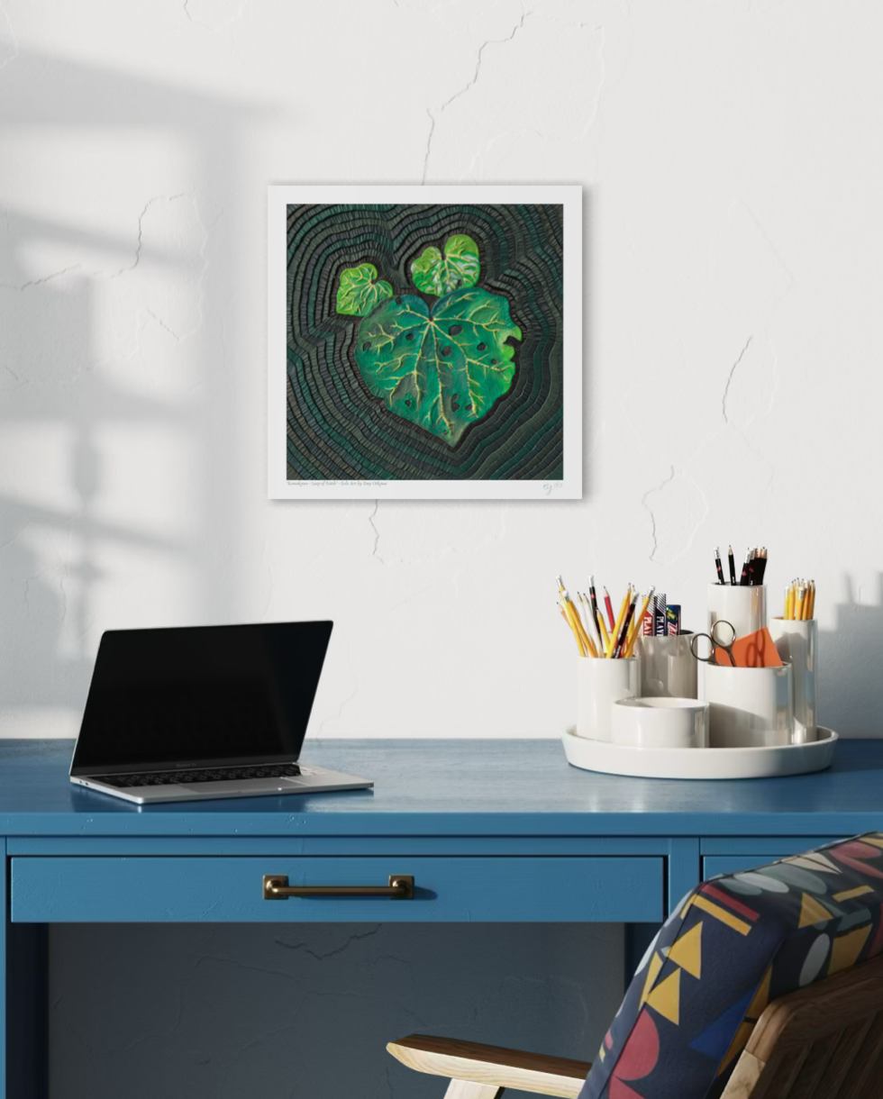 Am art print featuring a green Kawakawa leaves pattern on a dark textured background made originally with plasticine clay, displayed on a white wall above a blue desk with a laptop and office accessories. Art by artist Emy Oikawa from Eclo Art