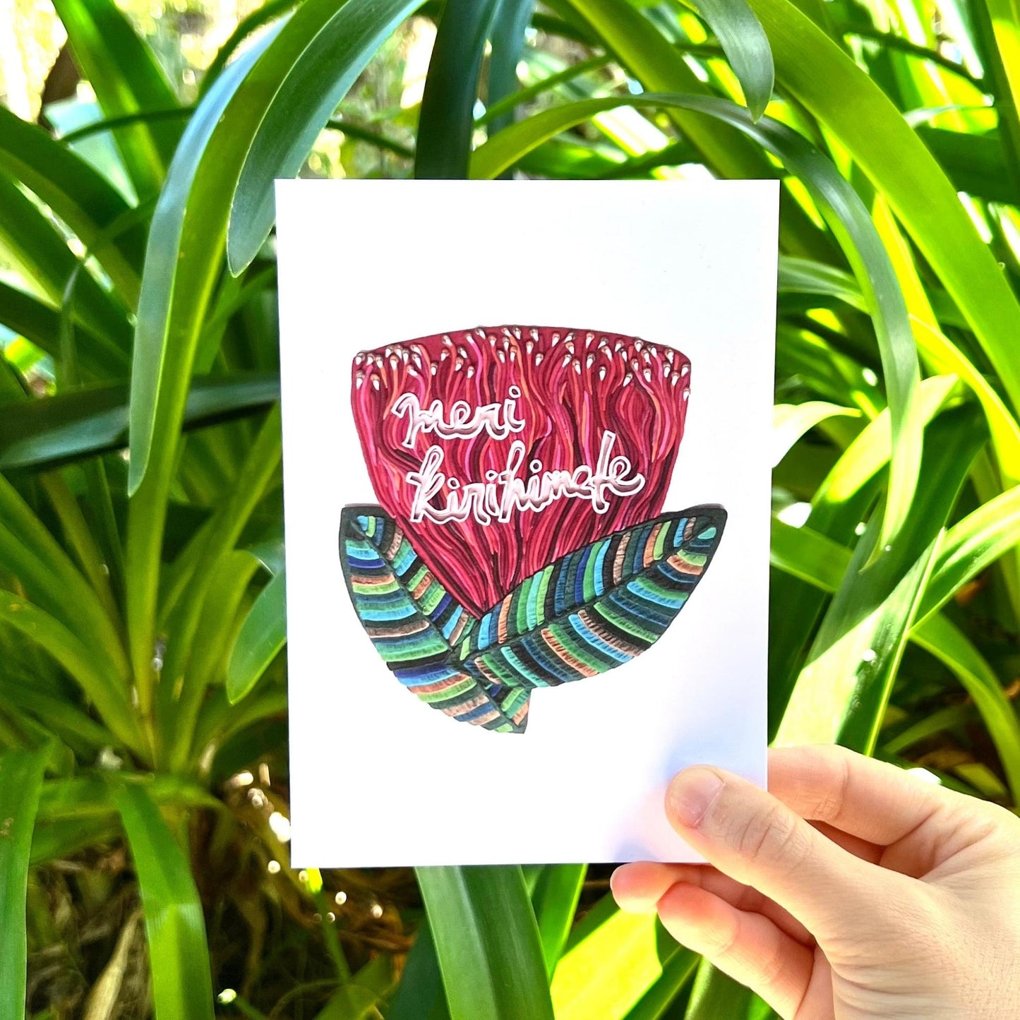 Meri Kirihimete on a Pohutukawa Flower Reusable Greeting Card