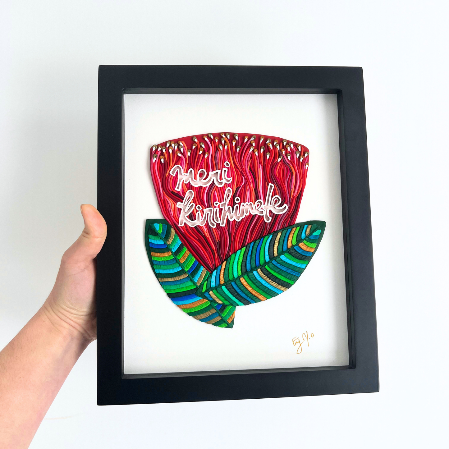 Meri Kirihimete in a Pohutukawa Flower Original Clay Art Piece