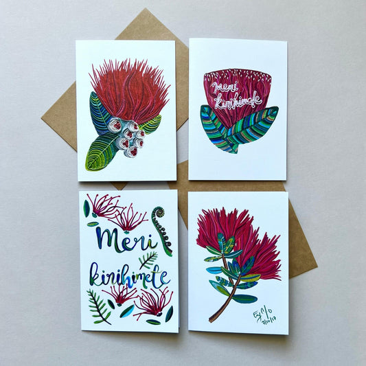 Set of 4 Pohutukawa Flowers Reusable Greeting Cards