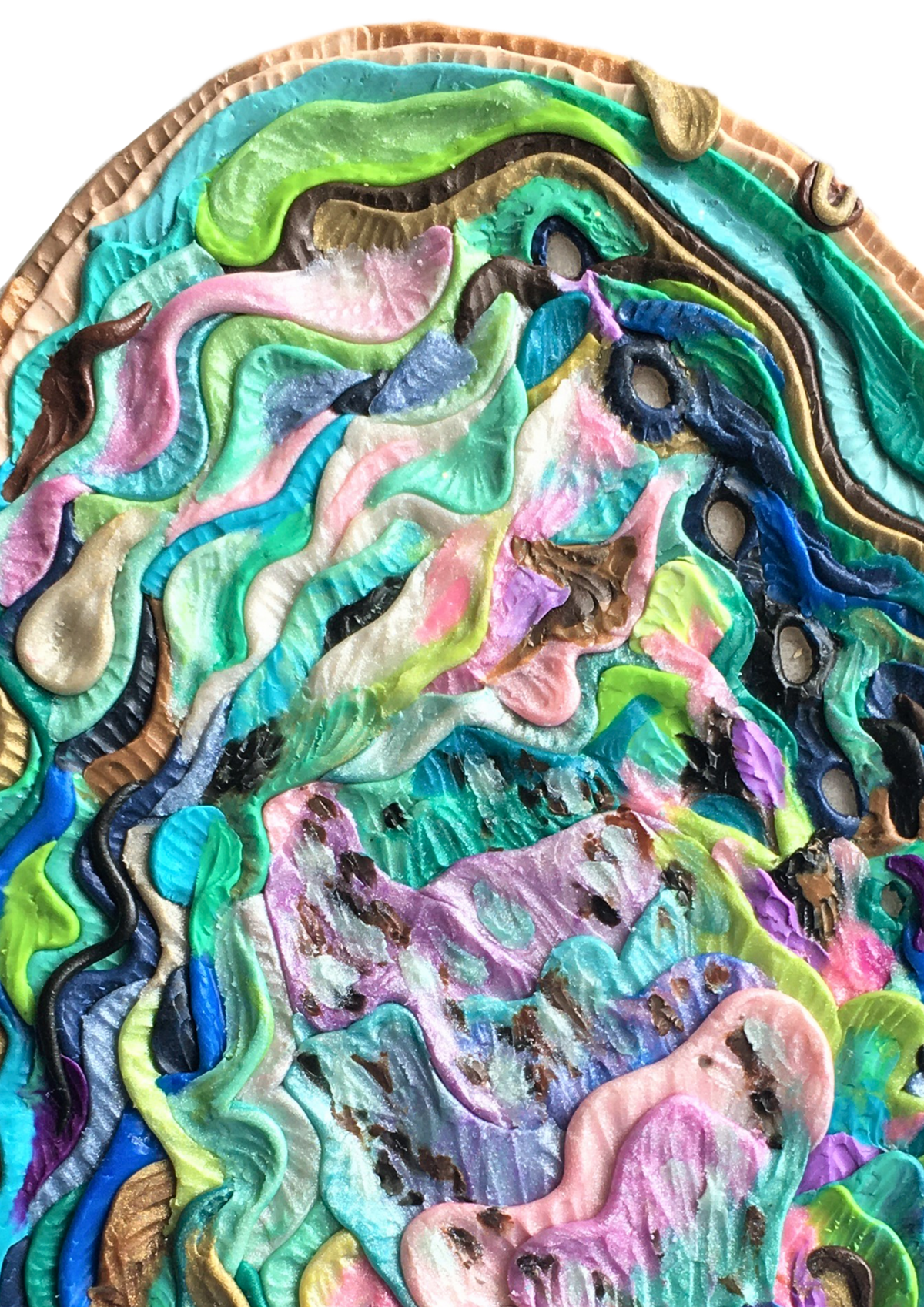 A close-up of a colorful Paua Shell clay artwork with flowing, layered organic shapes in teal, pink, green, blue, purple, and brown tones on a white background.