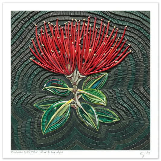 Pohutukawa Spark Within plasticine clay art print by New Zealand artist Emy Oikawa