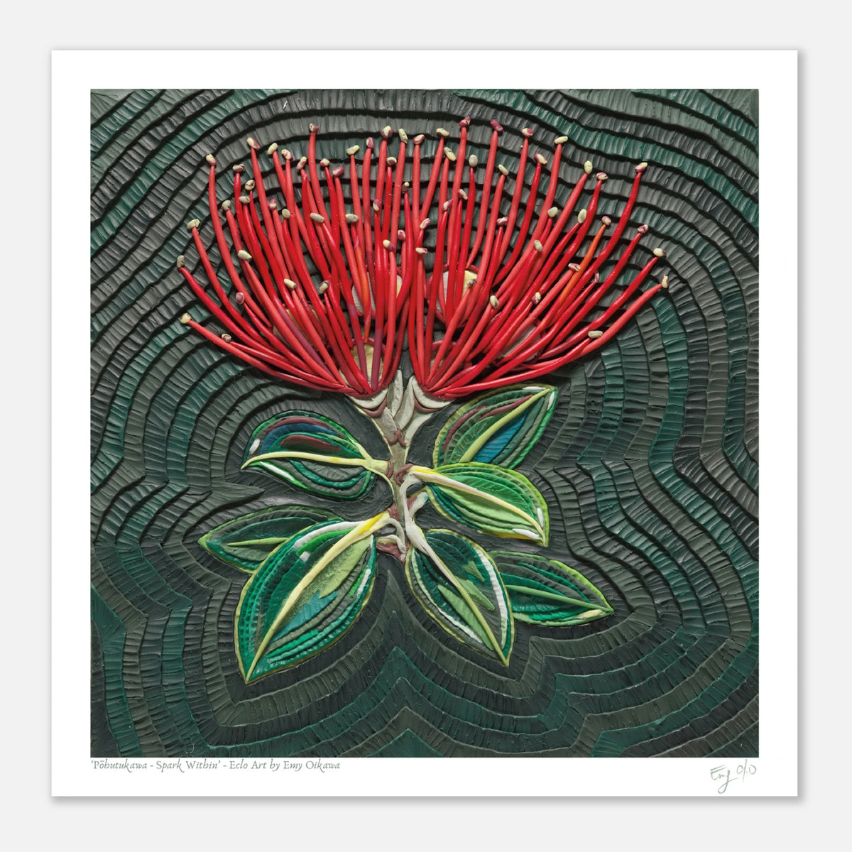 Red Pohutukawa Flower plasticine clay art print by New Zealand artist Emy Oikawa, Wall art