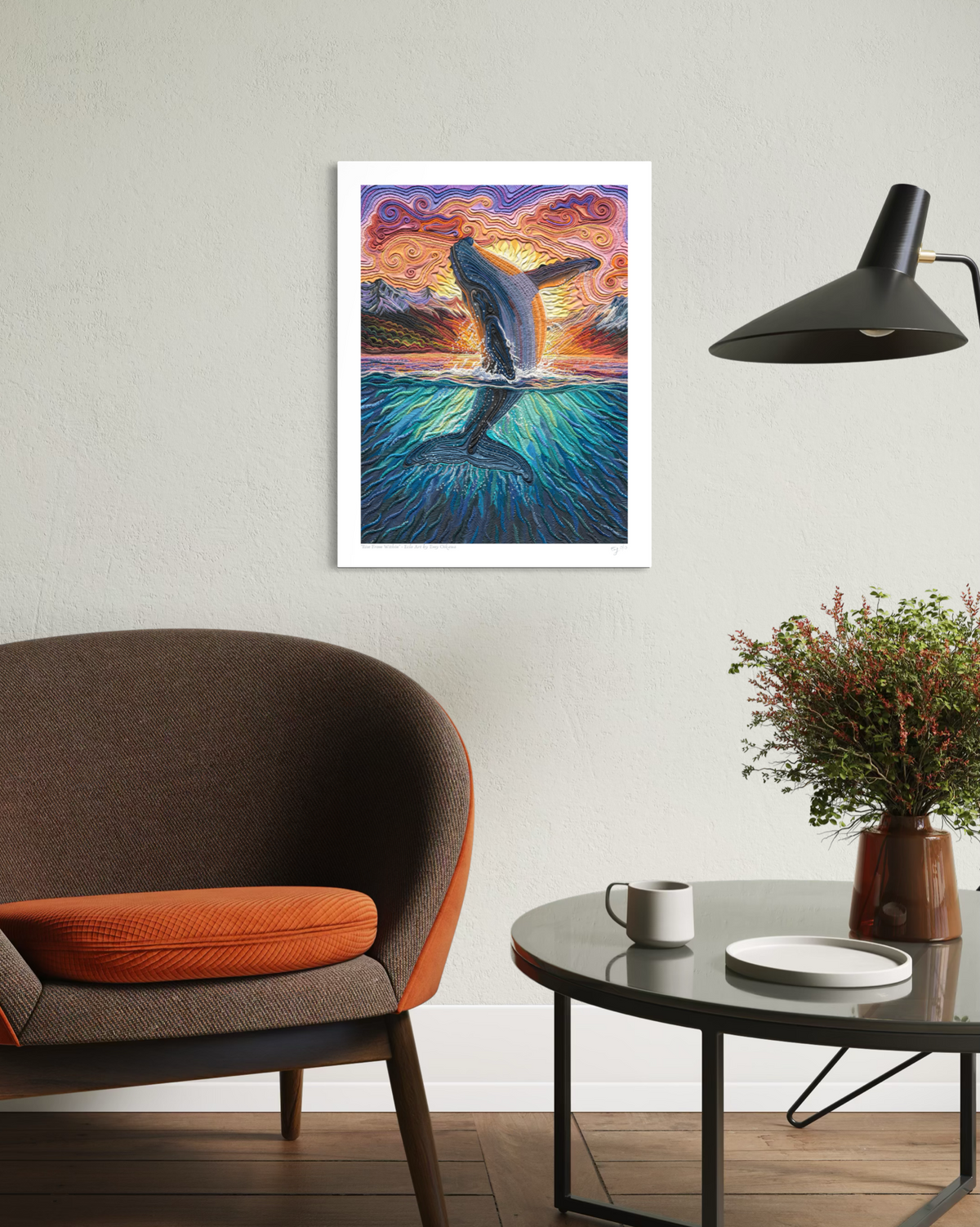 Rise From Within NZ clay art print A3 displayed on a living room wall above an armchair and coffee table – NZ wall art by Emy Oikawa