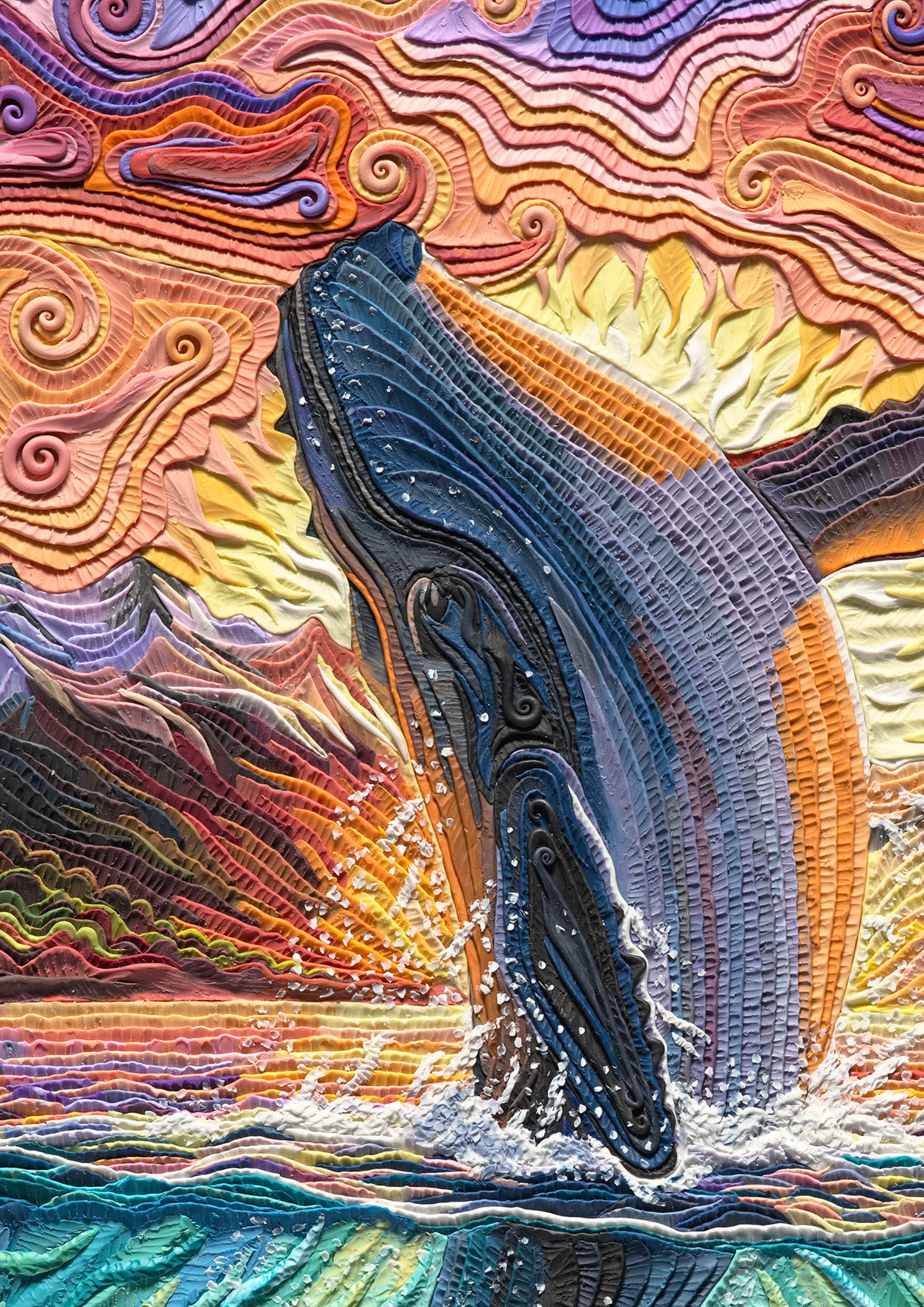 Close up of the Humpback whale breaching in the Kaikoura Ocean. Rise From Within Plasticine piece by Emy Oikawa from Eclo Art.