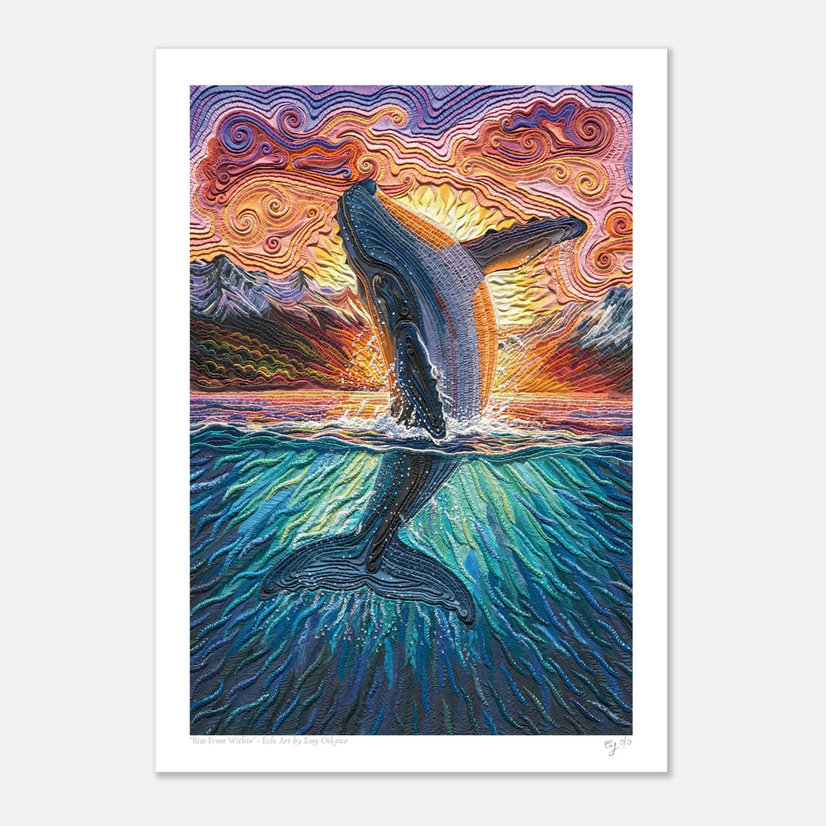 Rise From Within –  NZ clay art print A3 showing breaching humpback whale with vibrant swirling ocean and icy snowy mountain landscape from Kaikoura, by Emy Oikawa, Eclo Art