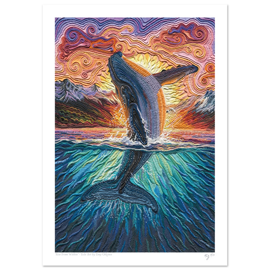 Rise From Within – NZ plasticine clay art print A3 showing a humpback whale breaching at sunset with swirling colourful sky, by Emy Oikawa, Eclo Art