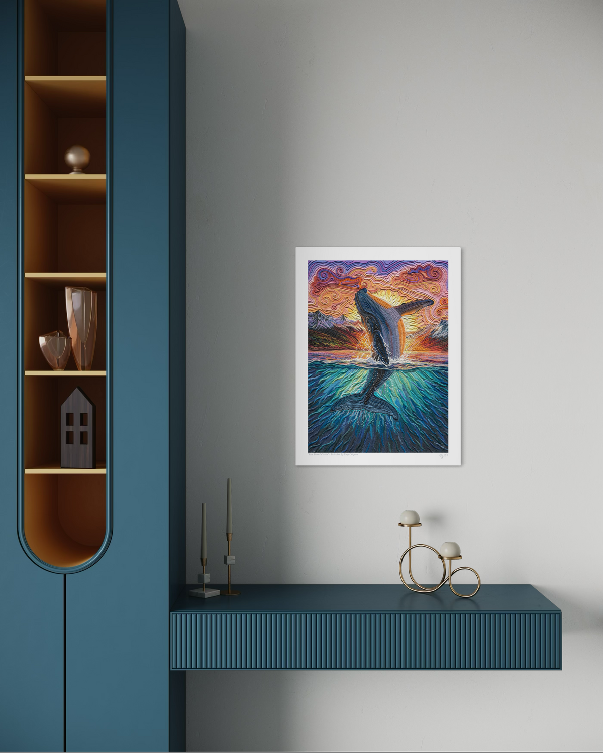 Rise From Within humpback whale clay art print A3 on a blue hallway wall with shelving – NZ nature wall art, Eclo Art by Emy Oikawa