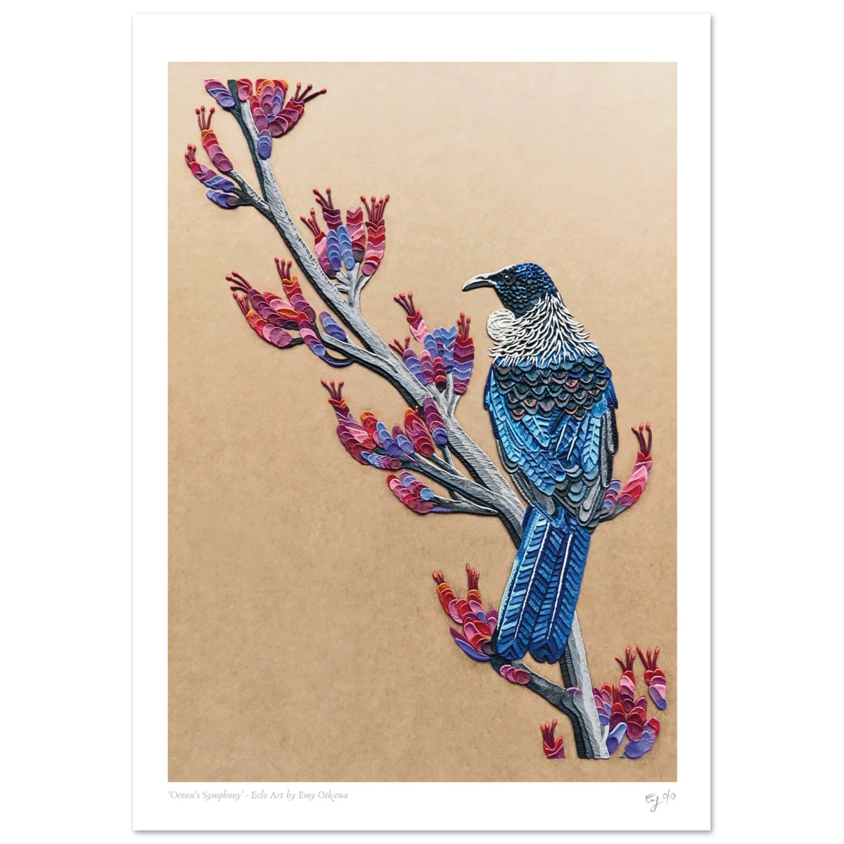 New Zealand Tui Bird in a Flax or Harakeke branch, plasticine clay art print 