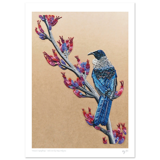 New Zealand Tui Bird in a Flax or Harakeke branch, plasticine clay art print 