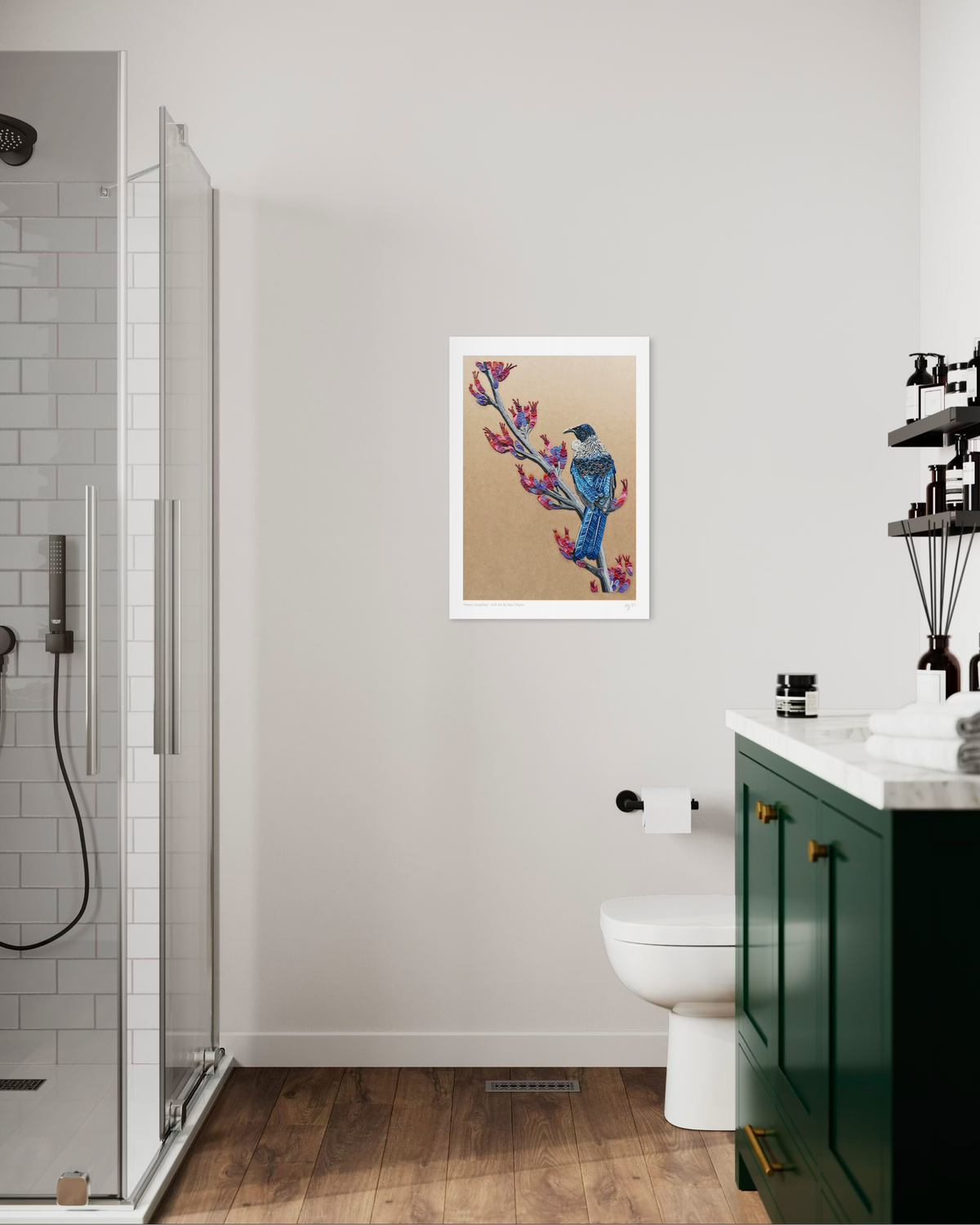 A New Zealand Tui Bird on a Harakeke plant A3 Print, originally made with plasticine clay by Artist Emy Oikawa. Decorate your spaces with Eclo Art plasticine pieces. 