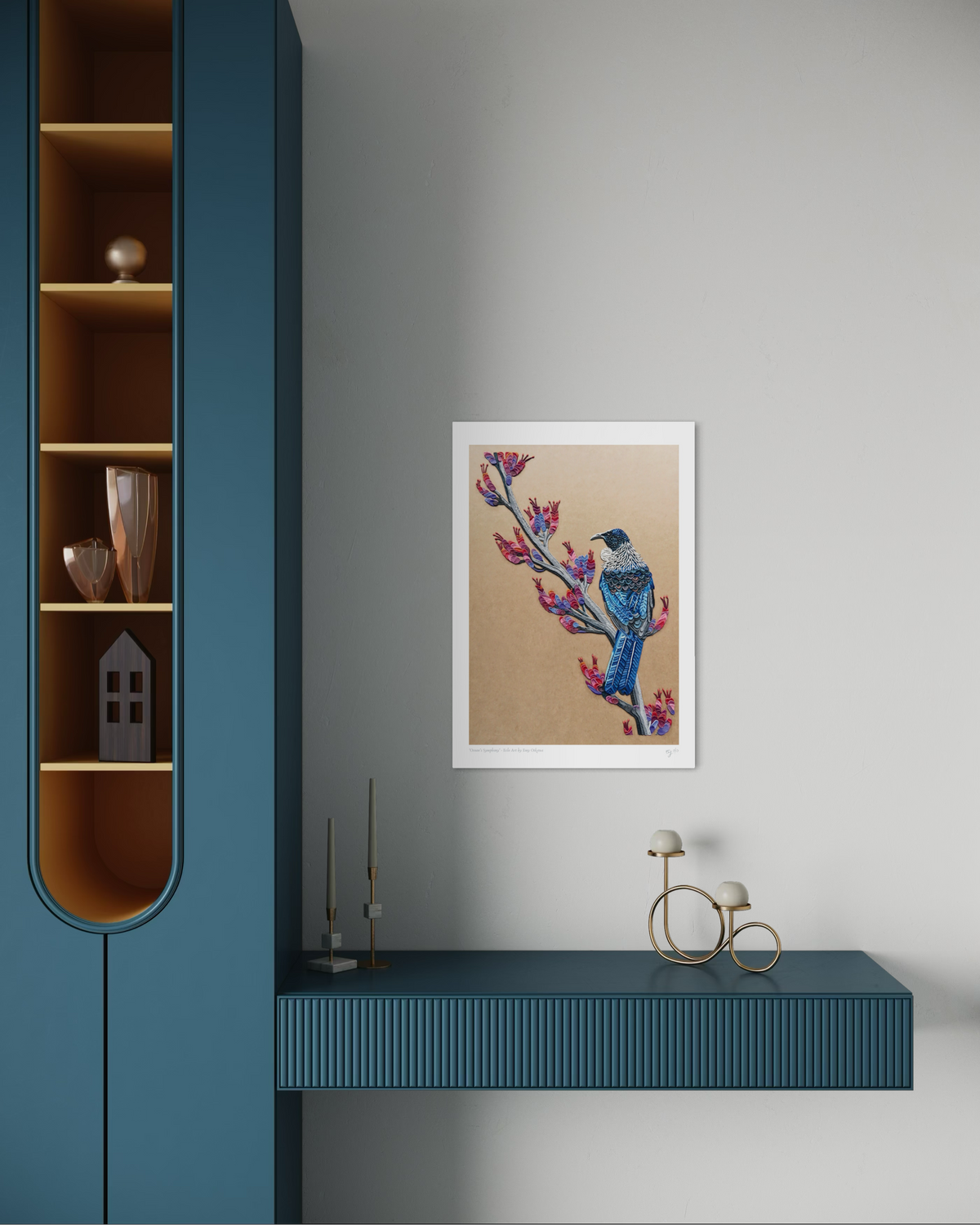 A beautiful New Zealand Tui Bird on a Harakeke plant A3 Print, originally made with plasticine clay by Artist Emy Oikawa, from Eclo Art. 