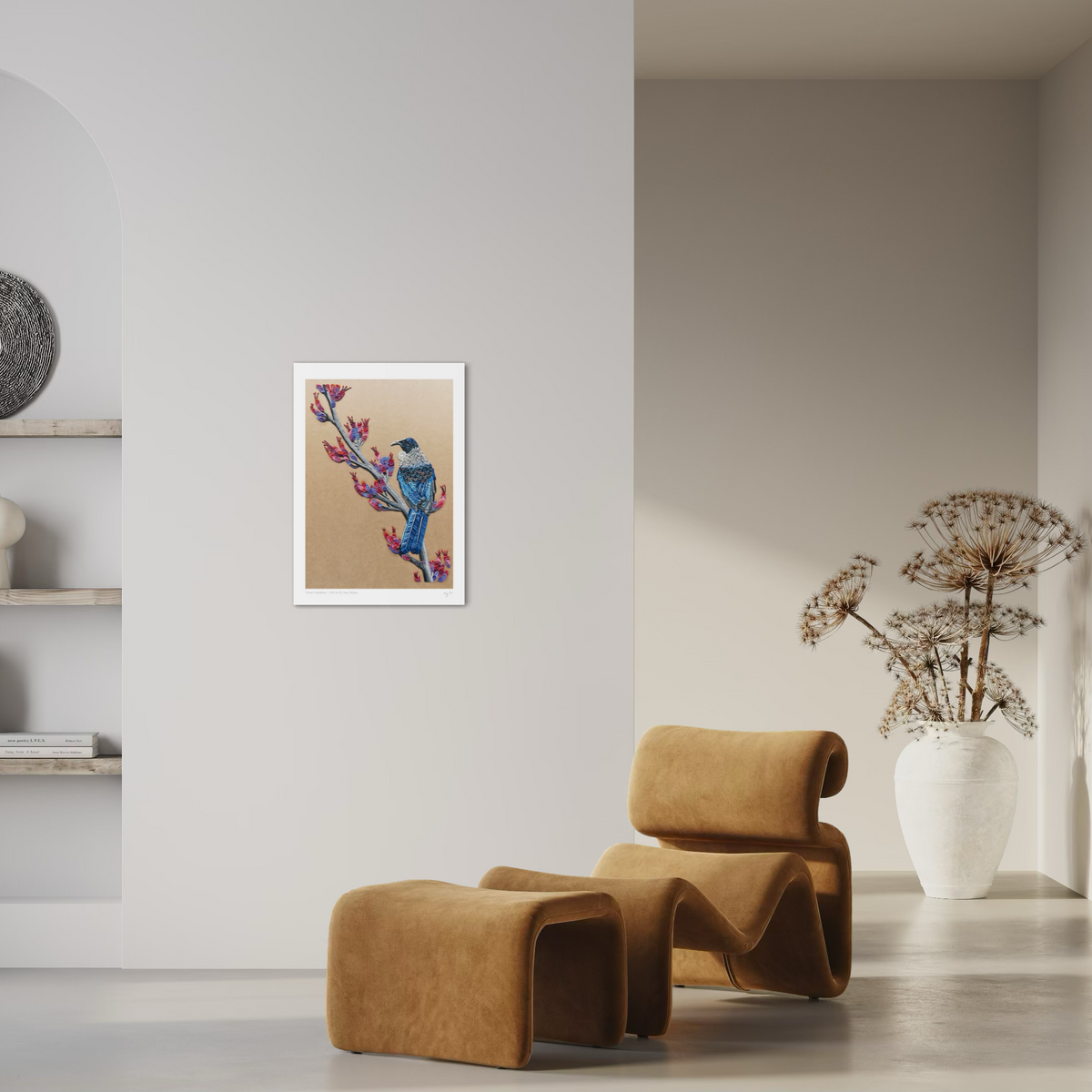 Modern interior featuring Tui Bird plasticine clay art print, by Emy Oikawa, founder of Eclo Art.