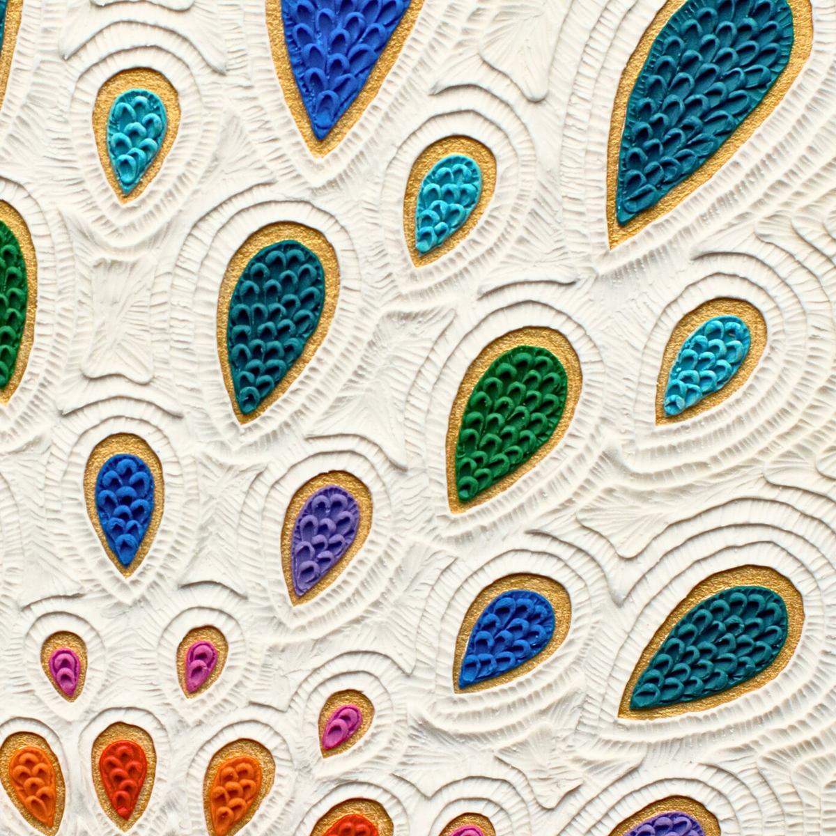 A close-up of a textured plasticine piece called ''Growth'' in vibrant shades of blue, green, purple, orange, and pink, outlined with metallic gold borders. Made by New Zealand clay artist Emy Oikawa