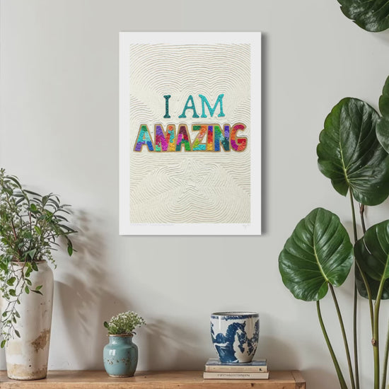 close up video of I AM AMAZING Plasticine clay art print on decorative interior design area, art by New Zealand artist Emy Oikawa, from Eclo Art