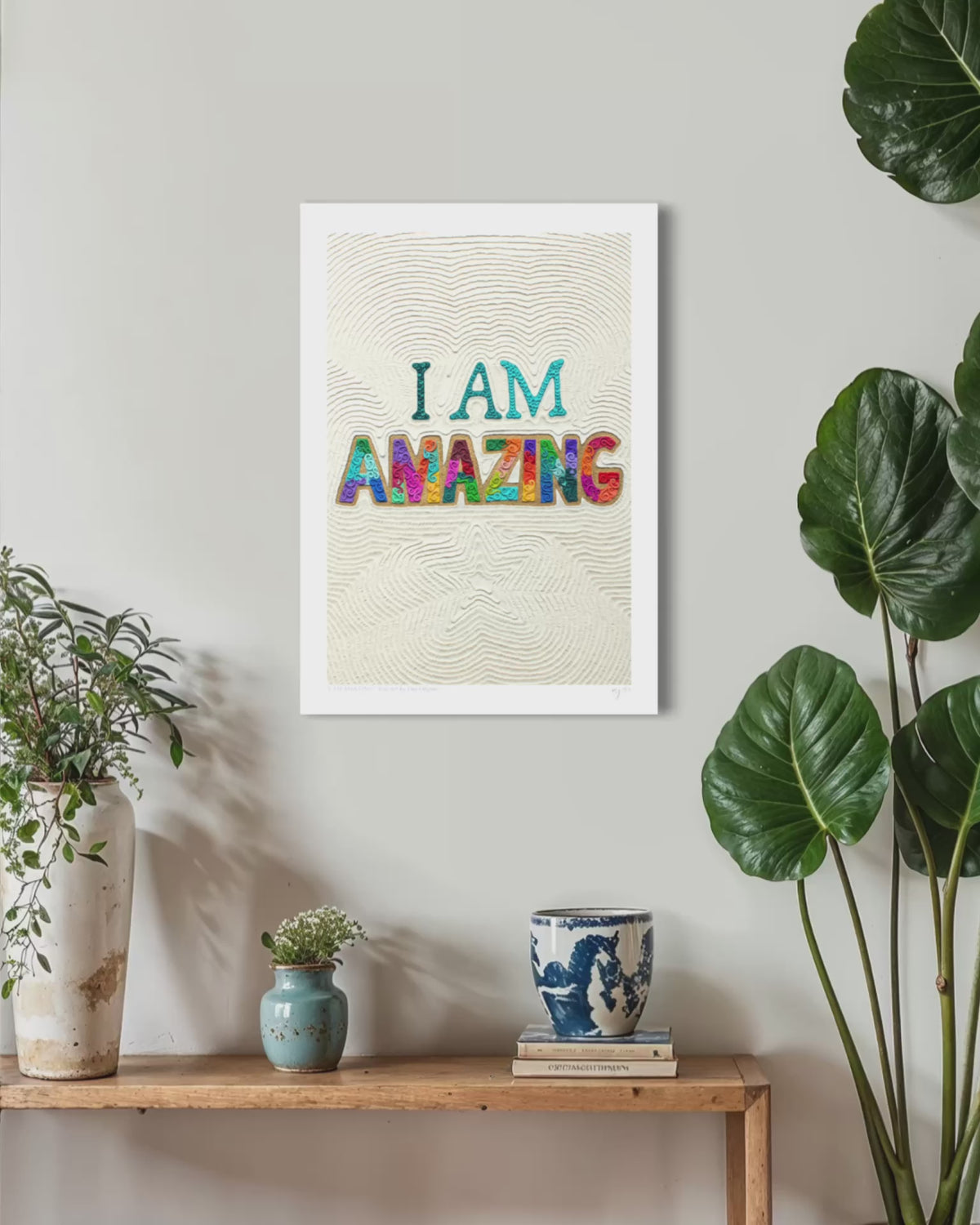 close up video of I AM AMAZING Plasticine clay art print on decorative interior design area, art by New Zealand artist Emy Oikawa, from Eclo Art