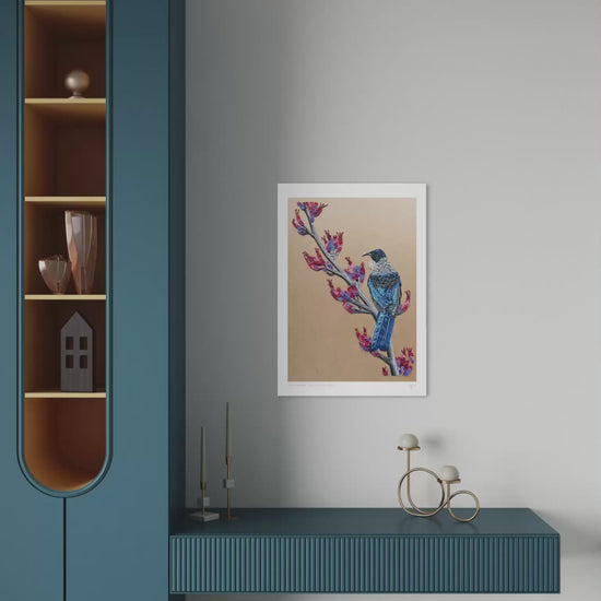 A beautiful close up to New Zealand Tui Bird on a Harakeke plant A3 Print, originally made with plasticine clay by Artist Emy Oikawa, from Eclo Art. 