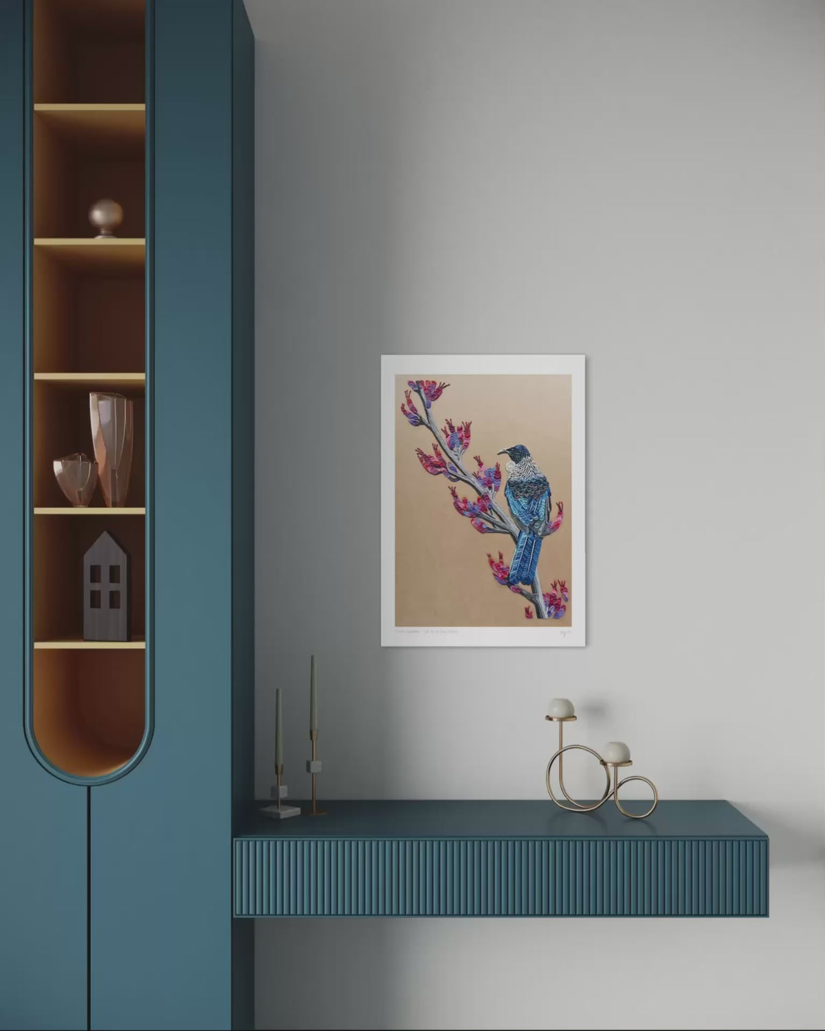 A beautiful close up to New Zealand Tui Bird on a Harakeke plant A3 Print, originally made with plasticine clay by Artist Emy Oikawa, from Eclo Art. 